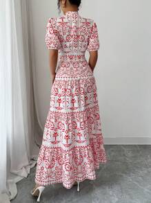 Elenzga Women's Full Print Stand Collar Short Puff Sleeve Elegant Vacation Dress - Red - View 2