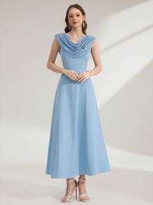 Modelyn Women's Niche Design High-End Sense Ruffle Neck Cinched Cinched Waist Dress - Blue - View 3