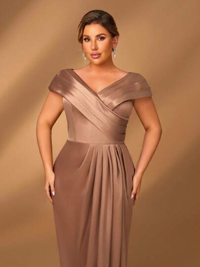 Serin Summer Elegant Gorgeous Brown Shiny Satin One Shoulder Overlap Gathered Pleated Micro Fishtail Suitable For Dinner Bachelorette Party Date Music Festival Holiday Wedding Event Plus Size Mother Of The Bride Dress