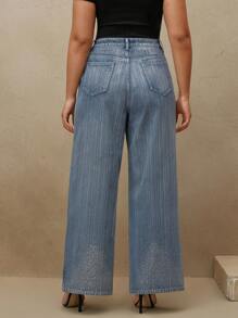 Anewsta Jeans droits amples simples avec ornements de strass, grande taille femme - Bleu azur - Voir 2