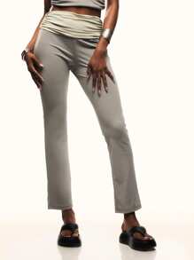 TypaGal Contrast Color Pleated Sporty Casual Skinny Yoga Pants - Grey - View 1