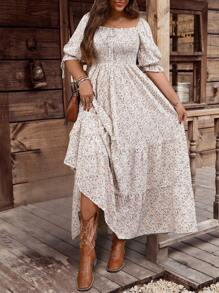 EMERY ROSE Plus Size Women's Bohemian Style Vintage Square Collar Romantic Multi-Color Ditsy Floral Long Layered Dress - Multicolor - View 4