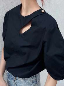 Women's Cotton Solid Hollow Out Puff Sleeve Loose Summer Blouse, Business Casual - Navy Blue - View 5