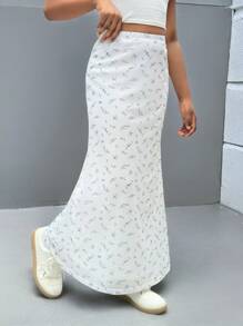 SHEIN Girlism 青少年女孩休闲碎花长款紧身半身裙 - 白色 - 查看 3