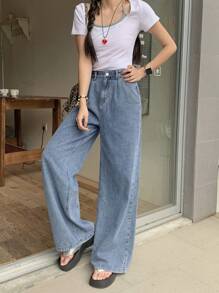 DAZY 女式宽松休闲百褶直筒牛仔裤，返校服