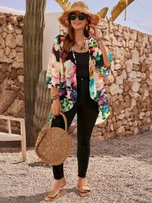 EMERY ROSE Áo khoác cardigan hở phía trước họa tiết hoa cỡ lớn cho nữ, tay áo 3/4, trang phục thường ngày khi đi nghỉ - Nhiều màu - Xem 5