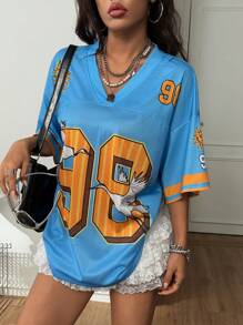 Coolane 女士春夏街头服饰外出数字图案足球球衣淡蓝色节日 T 恤