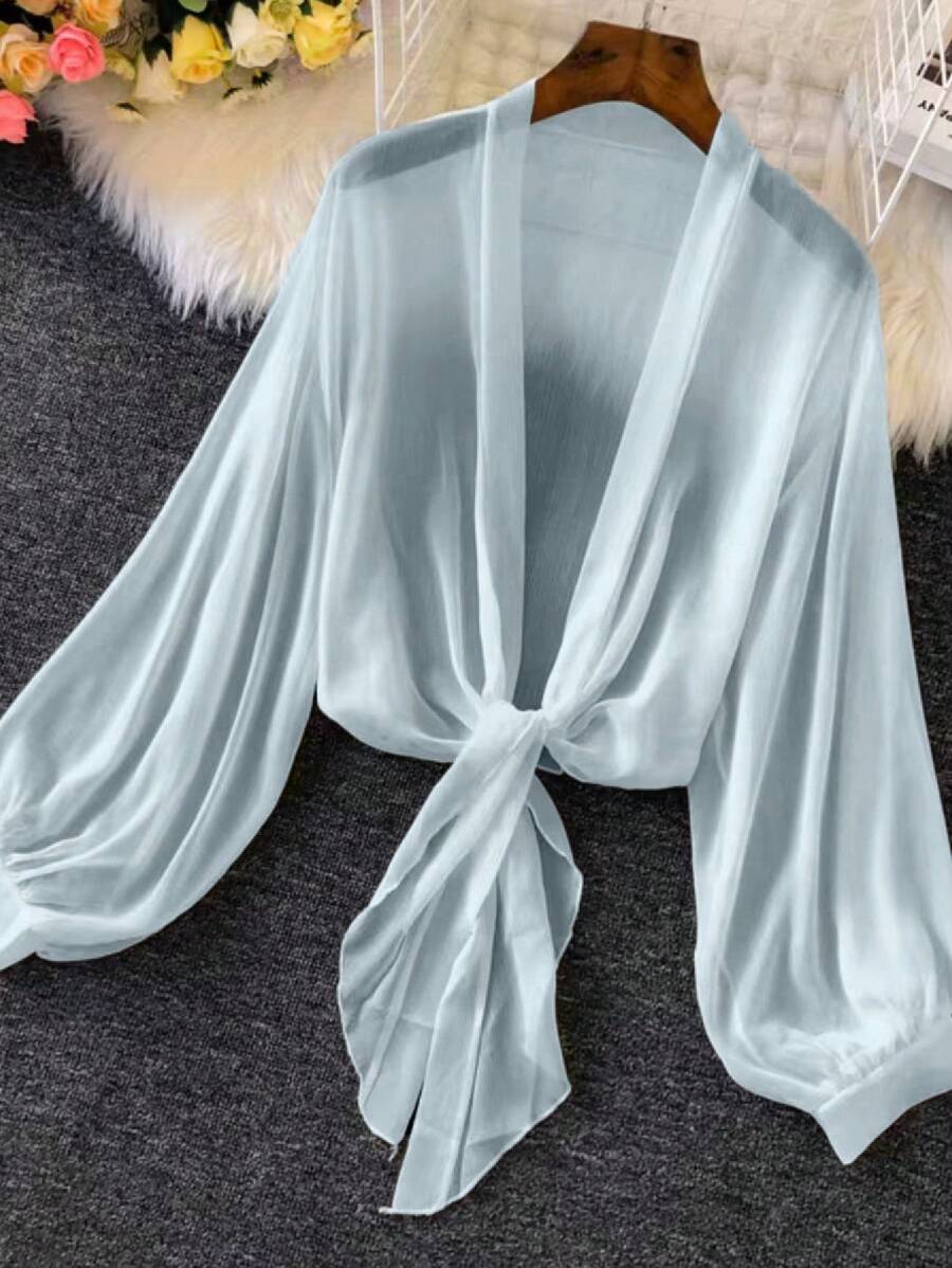INAWLY 女款夏季薄款燈籠袖前綁帶和服風襯衫 - 藍色 - 查看 1