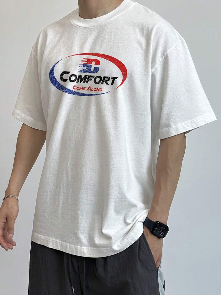 Red & Blue Letter Print White T-Shirt For Men, Summer,Graphic Tees