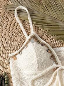 Selianne Women Sequin Trim Lace Asymmetric Hem Fashion Camisole - Apricot - View 4