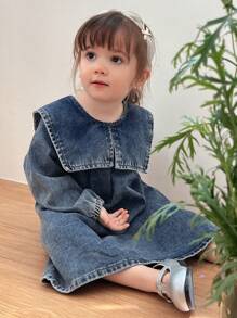 Hapijoa Toddler Girls Cute Fresh Ruffled Collar Washed Long Sleeve Mid-Length Denim Dress - Medium Wash - View 2