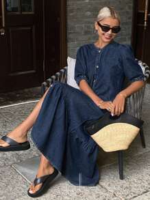 Livesso Women's Casual Front Button Down Long Denim Dress, Spring/Summer