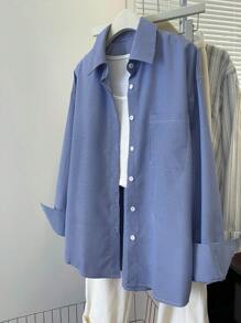 INAWLY Women's Striped Long Sleeve Single Breasted Blue Casual Shirt