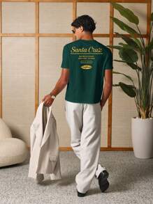 SUMWON 经典 Santa Cruz 图案夏季工作室棉质海滩 T 恤休闲街头服饰 Pacific Avenue 标志加州系列运动版型滑板风格 - 軍綠色 - 查看 2