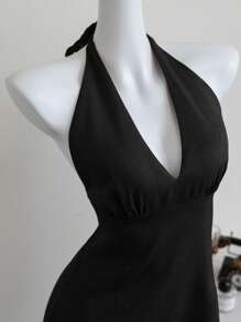 Elamini Vestido de línea A con cuello de pico profundo, cordón y espalda descubierta, sexy y elegante, para primavera/verano