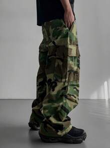 Manfinity EMRG 男士街头风流行INS宽松直筒工装休闲裤，时尚，街头服饰，温暖冬季，圣诞节，秋季 - 軍綠色 - 查看 4