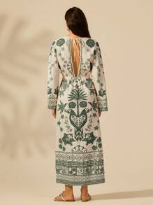 CAJUNI Women's Bohemian Vintage Tropical Green Plant Print Hollow-Out Waist & Back Long Sleeve Dress, Casual & Holiday Style