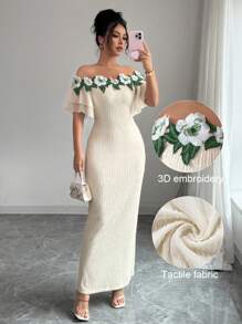 Modelyn 1 件女式露肩花卉刺绣网眼拼布连衣裙