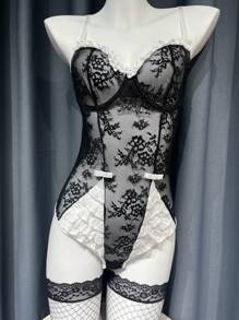 SHEIN 3pcs Women's Lace Lingerie Set (With Underwire, 2pcs Fishnet Stockings) - Black and White - View 6