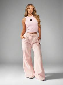 Missguided x Playboy 抽绳羊毛阔腿运动裤，带徽标设计，运动家居服，舒适健身瑜伽裤，冬秋系列，活力生活方式