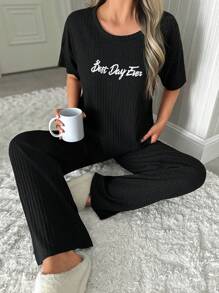 RueChic Women 2 Pcs Contrast Colour Lettered Homewear Short Sleeved & Long Bottom Pajama Set - Dark Grey - View 6