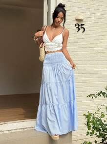 Sunnyshic 高腰条纹层叠A字裙，适合日常穿着和度假 - 藍色 - 查看 6