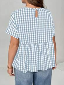 SHEIN Essnce Plus Size Ladies Spring And Summer Fashion Casual Loose Comfortable Daily Blue And White Plaid Short Sleeve Cute Blouse,Summer,Brunch,Minimalist,Cute Tops,Old Money Style,Vacation,Business Casual - Baby Blue - View 4