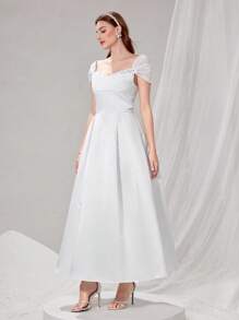 Poshira Women's Sequin Heart Neck Luxurious Satin Ball Gown Party Dress Luxurious Women's Evening Dresses Soft Dress White Prom Dress - White - View 4