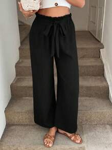 Easowa 女式喇叭裤阔腿裤，荷叶边饰边和蝴蝶结腰带，优雅休闲度假裤 - 黑色 - 查看 3
