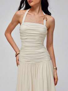 Roylia Women's Elegant Open Back Tie Design Hollow Out Pleated Dress, Summer Resort Wear - Apricot - View 4