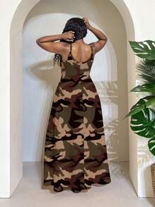 Veslaya 大码休闲简约迷彩印花绿色连衣裙，适合夏季 - 彩色 - 查看 3