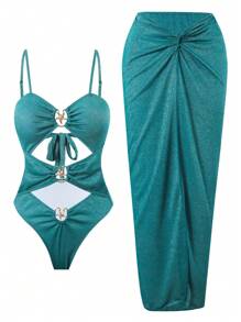 Swim Oasis Women 2 Pieces Set - Solid Color Metallic Material Spaghetti Strap Embellished Long Skirt, Elevated Summer Outfit - Green - View 1