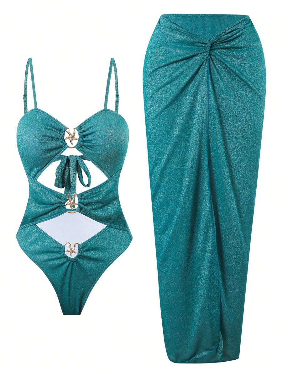Swim Oasis Women 2 Pieces Set - Solid Color Metallic Material Spaghetti Strap Embellished Long Skirt, Elevated Summer Outfit - Green - View 1