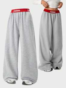 SHEIN Explorewe Teen Girl Casual Contrast Color Waistband Wide Leg Sweatpants Summer Holiday - Grey - View 10