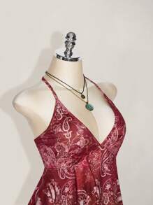 SHEIN ICON Blusa para mujer talla grande estilo retro con estampado, escote en V y espalda descubierta, ideal para vacaciones y salidas casuales, estilo boho hippie Y2K - Burdeos - Ver 4