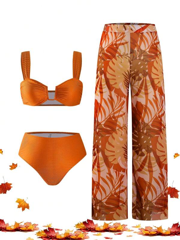Swim Oasis 3pcs Plus Size Women Orange Wide Strap High Waist Pants Set, Paired With Floral Print Mesh Pants, Summer Beach Vacation