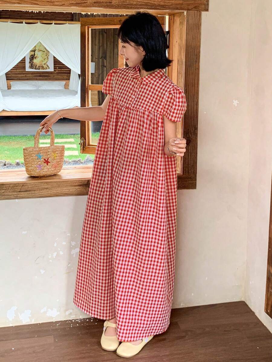 FRIFUL 女士格子长款 Polo 领连衣裙，褶裥大下摆，生日/节日/度假/沙滩衬衫裙 - 紅色 - 查看 1