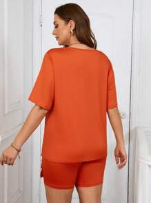 2pcs/Set Plus Size Women Summer Casual Letter Print T-Shirt And Shorts Set - Burnt Orange - View 2