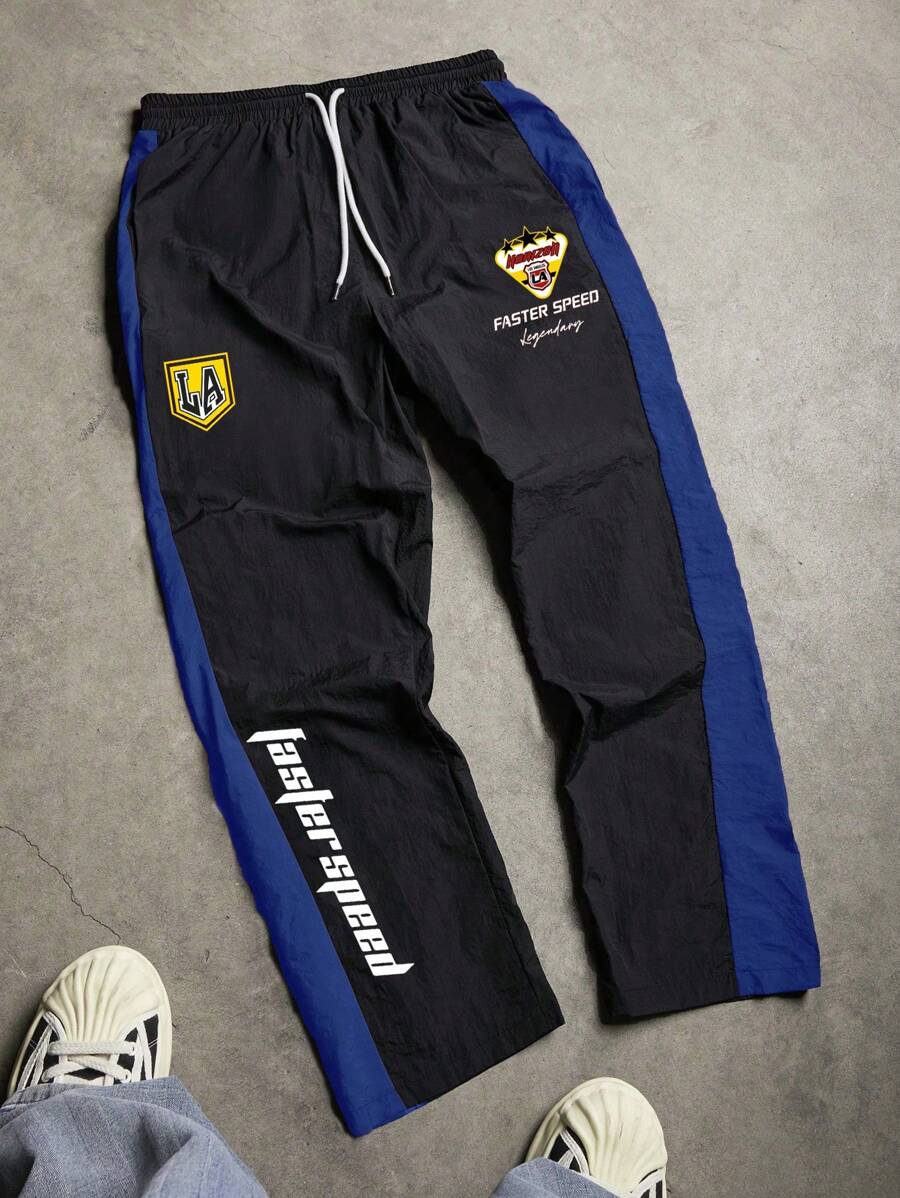 Sport MetroGents Men's Contrast Color Letter Print Drawstring Waist Pockets Sports Pants Sweat-Wicking Lightweight Comfortable Wide Leg Slim Fit For Workout Gym Wear Men - Black - View 1