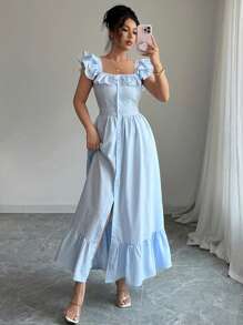 Elenzga 法式条纹荷叶边盖袖收腰优雅长衬衫裙，适合女士/条纹/商务休闲女士/度假装女士/极简主义/裹身裙