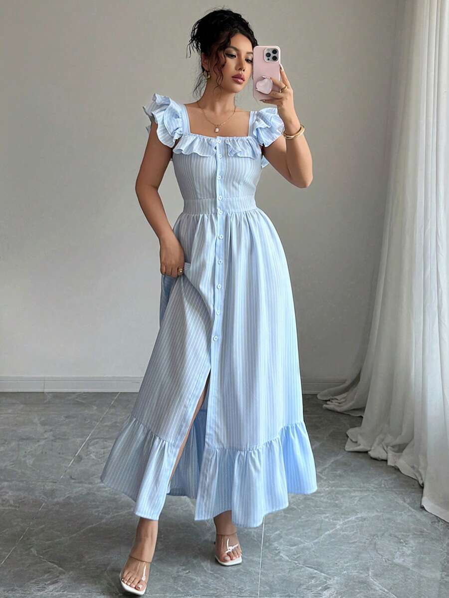 Elenzga 法式条纹荷叶边盖袖收腰优雅长衬衫裙，适合女士/条纹/商务休闲女士/度假装女士/极简主义/裹身裙