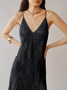 Uhlyne Uhlyne Women's Black Sequin Fringe Spaghetti Strap Party Dress: Short, Asymmetrical Hem, And Sleeveless Design For A Dazzling Night Out - Black - View 5