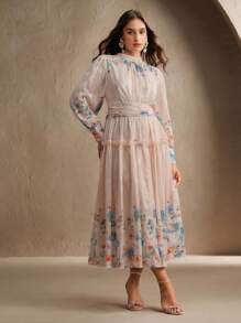 Anewsta Damen Frühling und Sommer Mode große Größen Positionsdruck langärmlig plissiertes elegantes hochwertiges Positionsdruck langes Kleid