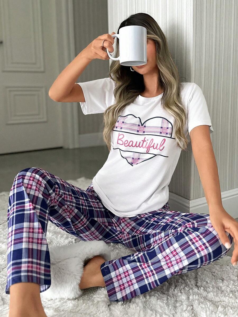 RueChic Cotton Wıomen Heart Lettered Short Sleeved Shirt&Plaid Pattern Sleep Bottom Pajama Set - White - View 1