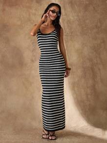 Glamine Women's Black & White Striped Elegant Sleeveless Mid-Calf Knitted Dress, Spring/Summer Women Summer Clothing Women Long Dresses Summer - Black - View 3