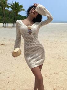 DAZY 女士碎花露背镂空喇叭袖毛衣连衣裙 Y2k，沙滩度假装 - 杏色 - 查看 3