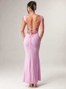 Silquee 女士粉色露背露背设计美人鱼连衣裙夏季，女士夏季服装，夏季服装，女士沙滩装，女士优雅服装，女士夏季连衣裙，毕业服装，毕业礼服，飘逸连衣裙，伊比沙岛服装，狂欢节服装/狂欢，节日夏季节日海滩度假女士连衣裙生日女士休闲连衣裙 - 粉色 - 查看 1