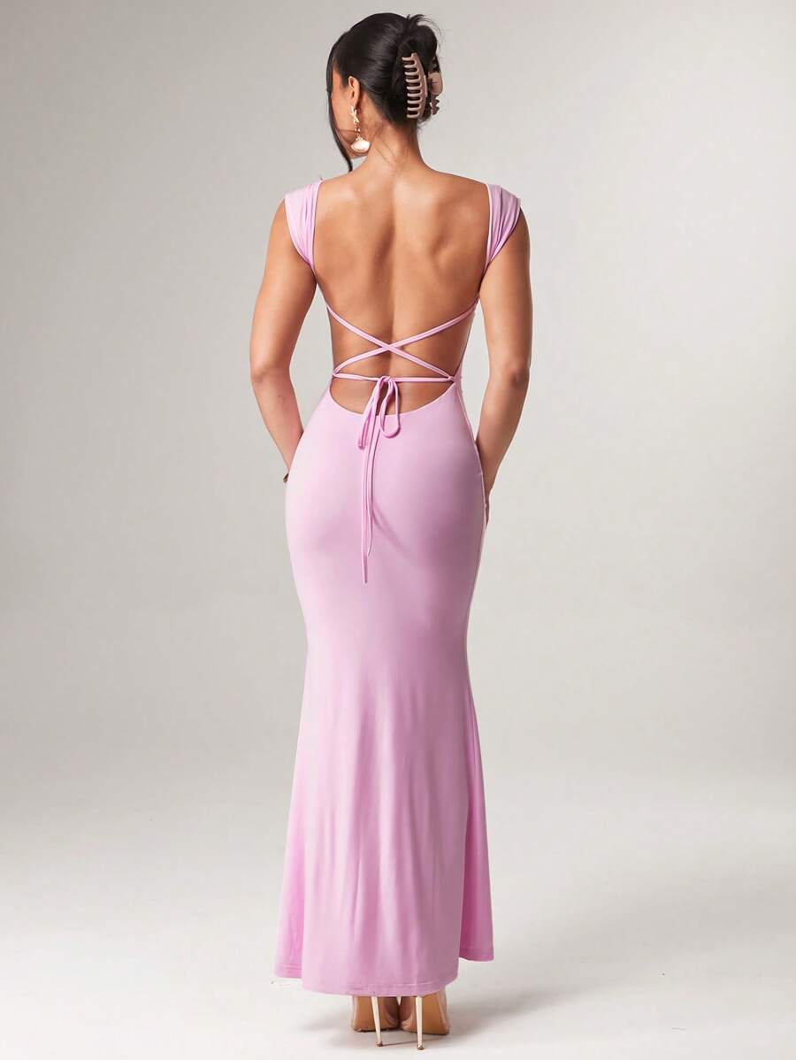 Silquee 女士粉色露背露背设计美人鱼连衣裙夏季，女士夏季服装，夏季服装，女士沙滩装，女士优雅服装，女士夏季连衣裙，毕业服装，毕业礼服，飘逸连衣裙，伊比沙岛服装，狂欢节服装/狂欢，节日夏季节日海滩度假女士连衣裙生日女士休闲连衣裙 - 粉色 - 查看 1