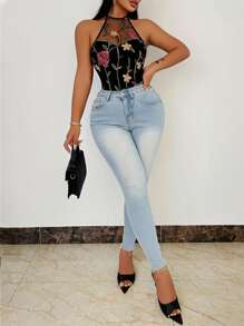 VaVaBold Women's Floral Embroidered Patchwork Sexy Halter Bodysuit, Spring/Summer - Black - View 3