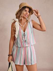 SHEIN VCAY Bộ đồ lót sọc dệt thường ngày cỡ lớn & quần short cạp cao rộng rãi cho nữ Bộ đồ mùa hè cho nữ Quần áo mùa hè Áo sơ mi mùa hè cho nữ Quần áo nữ Trang phục mùa hè, Bộ đồ hai mảnh cho nữ - Xanh và trắng - Xem 3